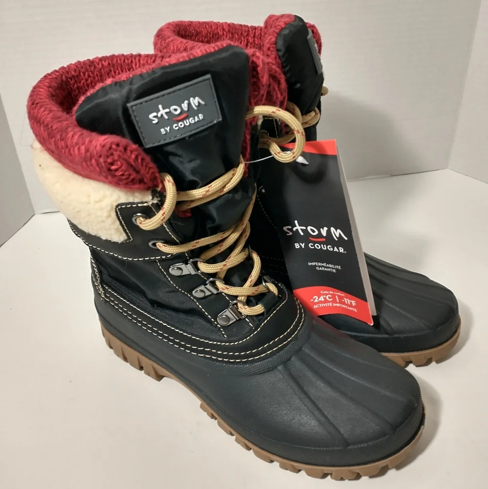NWT Cougar Storm Creek Black/Red Winter Boots, Guaranteed Waterproof, Size‎ 7